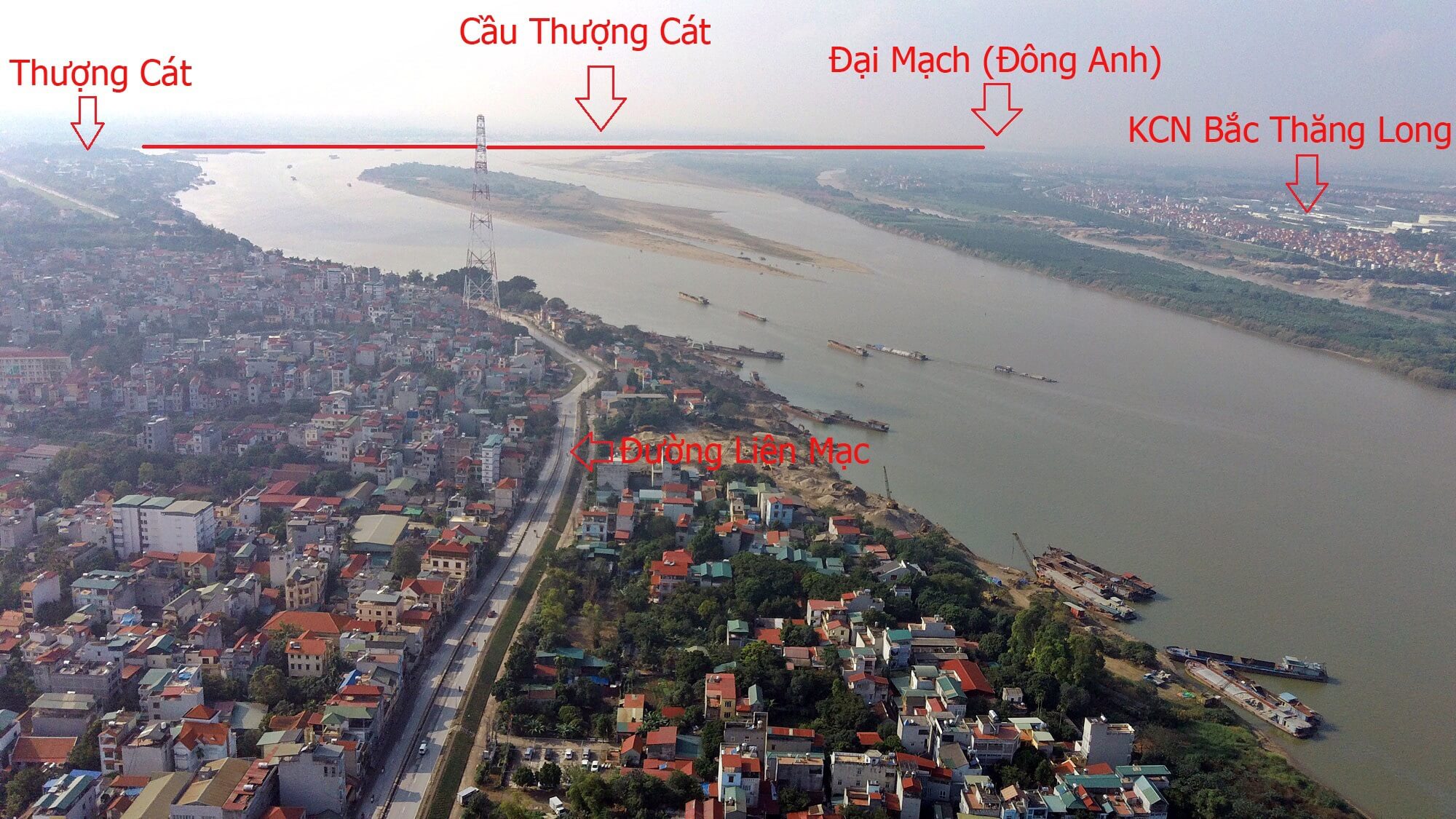 Vị trí cầu Thượng Cát nhìn từ cầu Thăng Long.