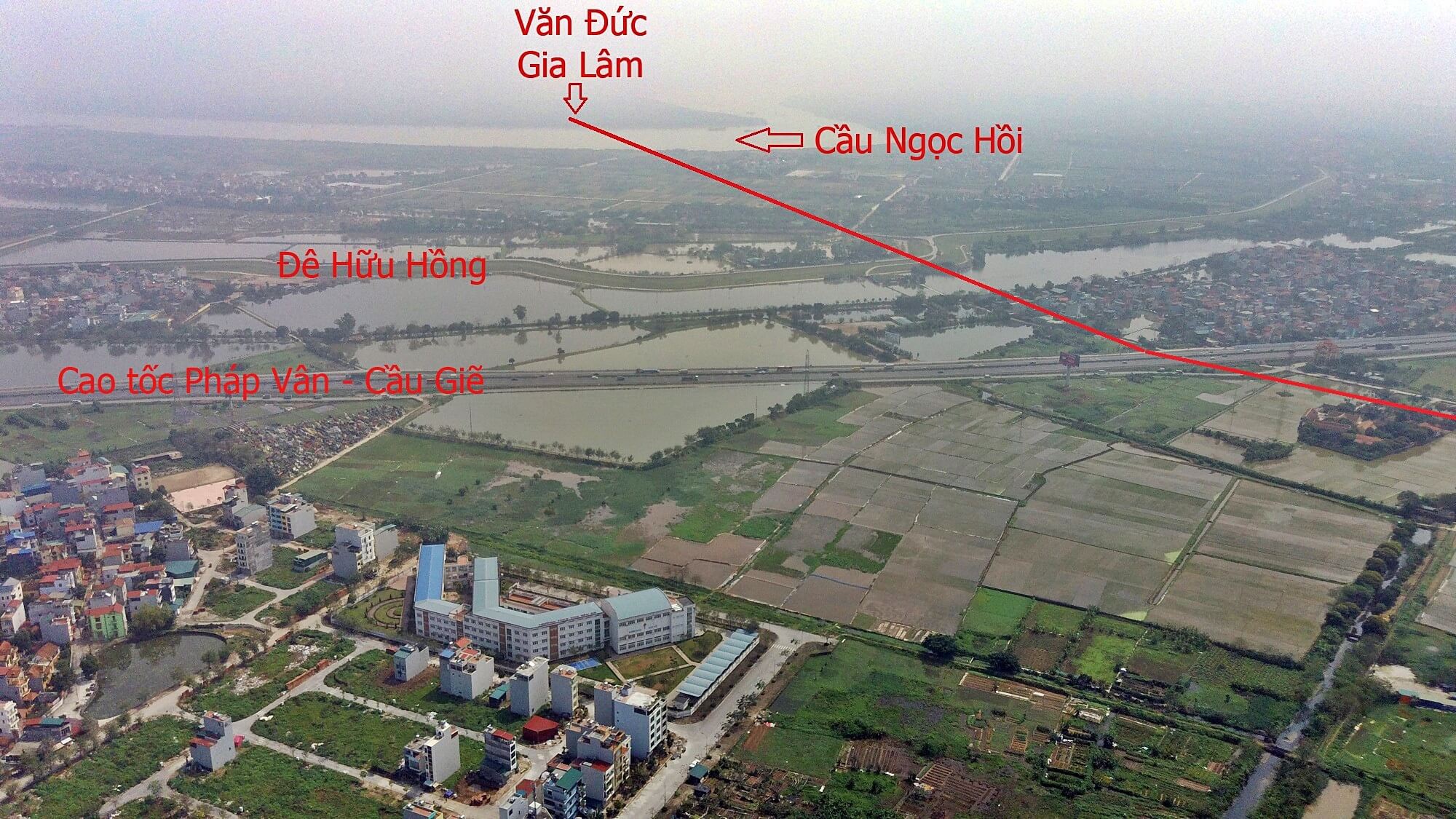 Theo bản đồ quy hoạch, vị trí 2 đầu cầu Ngọc Hồi nằm trên địa bàn huyện Thanh Trì và xã Văn Đức - Gia Lâm.