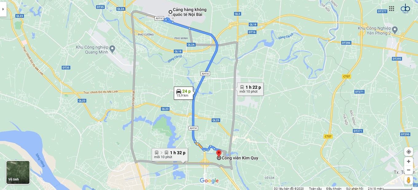 Đường từ sân bay Nội Bài đến công viên Kim Quy.
